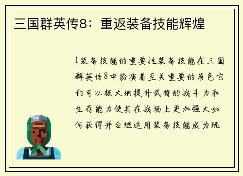 三国群英传8：重返装备技能辉煌